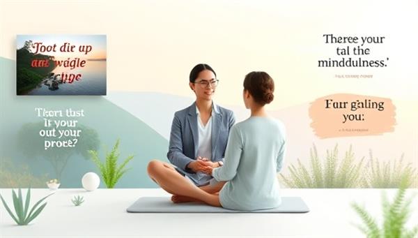 An uplifting visual of a virtual mental wellness coaching session with a coach guiding a client through mindfulness exercises, surrounded by calming nature images and inspirational quotes, creating a serene and supportive virtual environment for mental well-being.