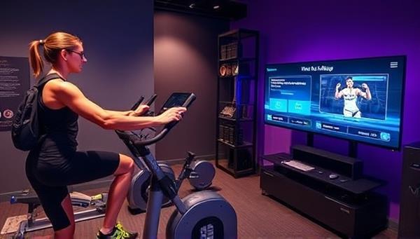 An interactive gaming setup featuring a player engaging in a fitness challenge while playing a video game, with exercise equipment, a gaming console, and a screen displaying the virtual fitness challenge progress, showcasing the fusion of gaming and physical activity in a dynamic and engaging environment.