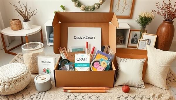 An aesthetically pleasing flat lay display of a DesignCraft Kit box filled with various crafting materials, tools, and finished DIY home decor projects, arranged in a cozy home setting with soft lighting and decorative accents, inspiring creativity and customization.