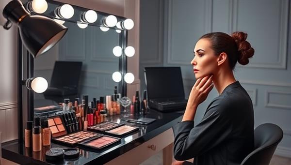 An elegant virtual makeup studio setup with professional lighting, a mirrored vanity table showcasing a wide array of makeup products, and a virtual makeup artist demonstrating a sophisticated makeup look on a model, exuding glamour and expertise in the beauty industry.