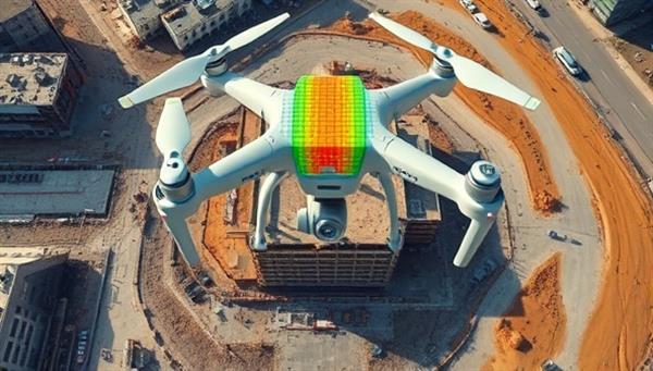 An aerial view captured by a drone showing a construction site with detailed 3D mapping and progress tracking visuals superimposed on the image, demonstrating the precision and comprehensive data collection capabilities of drone-assisted surveying in the construction industry.