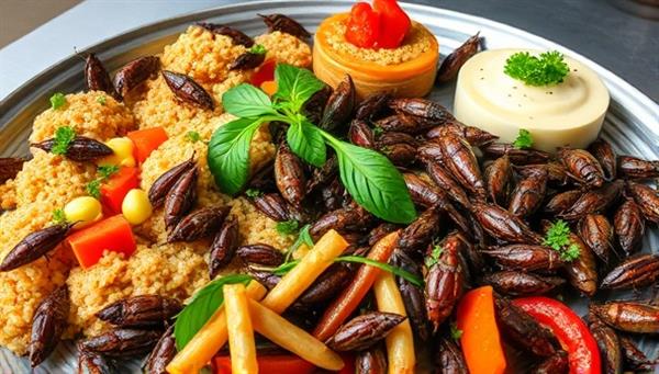 An appetizing platter of gourmet dishes featuring edible insect delicacies creatively presented with fresh herbs and colorful garnishes, showcasing the culinary versatility and nutritional benefits of cricket farming as a sustainable protein source.