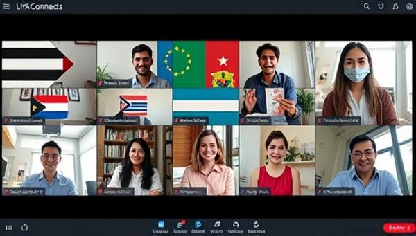 An online language exchange session featuring participants from different countries engaging in virtual language practice, cultural sharing, and collaborative learning activities, capturing the diverse and interactive nature of LinguaLink Connect