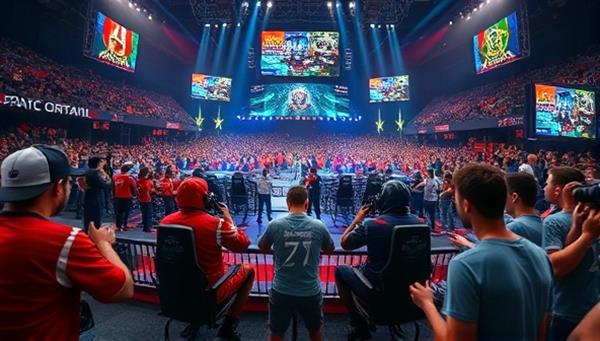 An intense gaming tournament scene with players facing off in a virtual arena, surrounded by cheering spectators and digital displays showcasing the live action and scores, capturing the excitement and energy of competitive gaming.