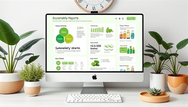An eco-friendly virtual consultation setup featuring a digital interface displaying sustainability reports, green product recommendations, and eco-friendly lifestyle guides, surrounded by plant decor and natural elements, promoting a green and sustainable consultancy approach.