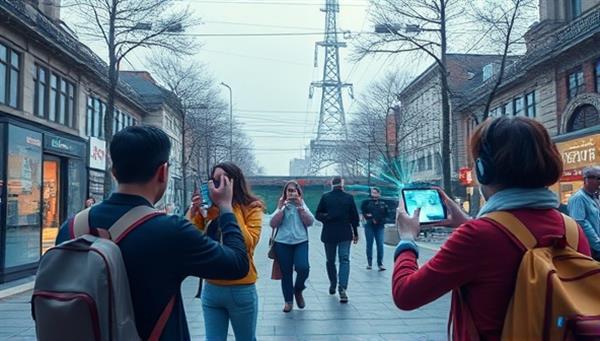 An immersive visual of players exploring an augmented reality treasure hunt in a real-world location, using their smartphones to interact with virtual objects and solve puzzles, with digital overlays and AR effects enhancing the gaming experience and creating a dynamic and engaging atmosphere for participants.