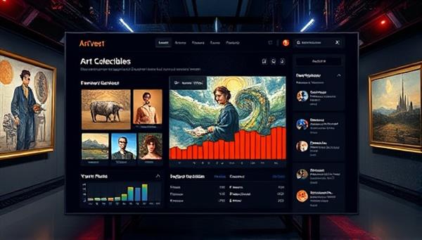 An artistic representation of the ArtVest Exchange digital marketplace interface displaying exclusive art collectibles, investment performance charts, cultural asset details, and user testimonials, creating an immersive and visually captivating experience that resonates with art investors and collectors.