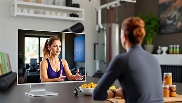 A vibrant digital interface showing a virtual fitness coach guiding a client through a workout session via video call, with fitness equipment and healthy snacks in the background, conveying energy and motivation.