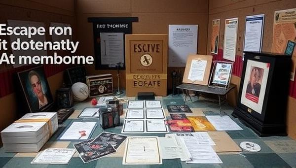 An immersive DIY escape room kit setup with a variety of puzzles, clues, and props neatly arranged in a box, ready for players to embark on an exciting and challenging escape room adventure at home, showcasing the creativity and engagement of the EscapeBox experience.