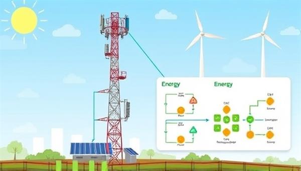 An illustration showing a telecom tower powered by solar panels and wind turbines, with energy flow diagrams displayed on a control panel, highlighting the eco-friendly and efficient energy management system of EcoTowers.