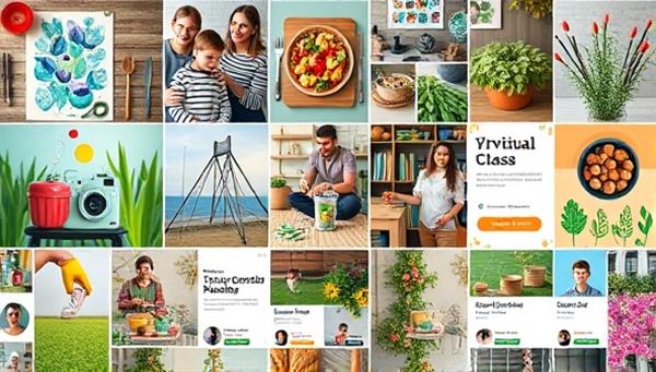 An artistic collage of different hobby activities like painting, photography, cooking, gardening, and crafting, with virtual class banners and instructor profiles displayed in a vibrant and creative layout, reflecting the diverse and engaging hobby learning opportunities offered by the platform.