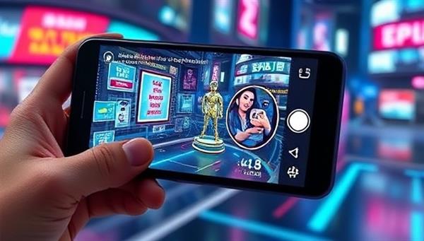 An AR-enabled smartphone displaying a virtual brand activation experience with animated product visuals, interactive elements, and engaging AR content, surrounded by futuristic digital graphics and real-world integration, illustrating the immersive nature of AR advertising.