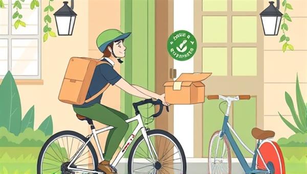 An imaginative illustration of a delivery cyclist handing over a zero-waste meal package to a smiling customer at their doorstep, showcasing eco-friendly packaging materials and a green delivery concept, promoting sustainability and convenience.