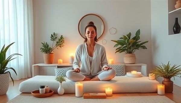 A serene and tranquil virtual beauty mindfulness session setting featuring a mindfulness coach leading participants through relaxation exercises, surrounded by candles, beauty products, and soothing decor, creating a peaceful and rejuvenating atmosphere for self-care and inner balance.