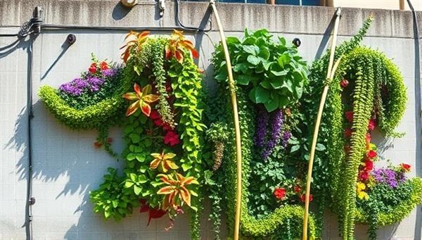 An urban concrete wall transformed into a vibrant vertical garden filled with a variety of plants and flowers, with sunlight streaming through, creating a striking contrast between nature and urban infrastructure.