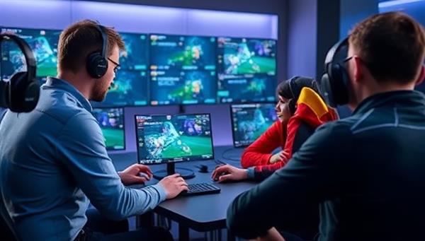 A professional eSports coach conducting a training session with a group of dedicated gamers, analyzing gameplay footage, discussing strategies, and providing personalized feedback, highlighting the focused and skill-enhancing coaching approach of ProPlay Mentor.