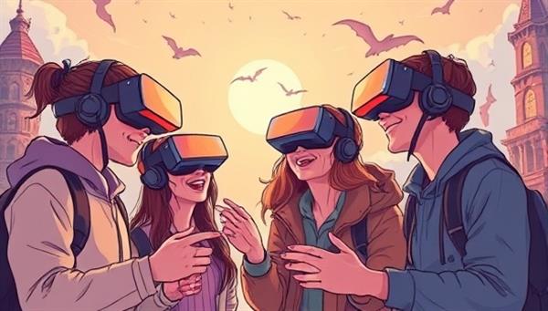 An illustration of a group of friends wearing VR headsets, interacting and solving puzzles in a fantastical virtual world filled with mystery and adventure.