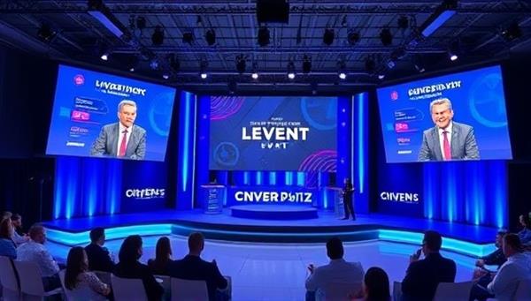 A virtual event stage setup with digital screens, interactive features, and branding elements, showcasing a dynamic and engaging virtual event environment with audience avatars, speaker profiles, and live chat interactions.