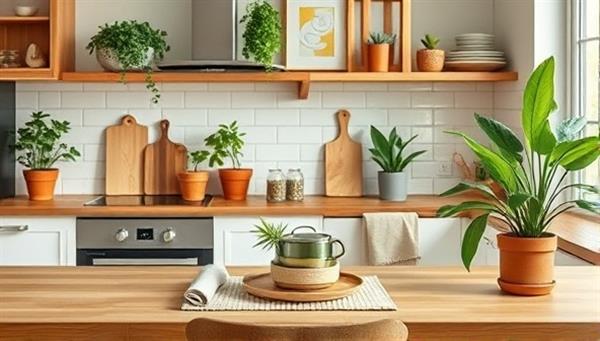 An artistic representation of a modern eco-friendly home kitchen adorned with stylish sustainable bamboo kitchenware, cloth napkins made from recycled fabrics, and potted plants, creating a harmonious and green living space.