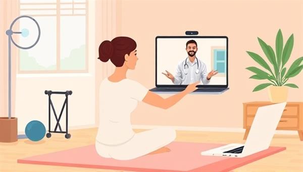 An illustration showing a virtual physical therapy session with a therapist guiding a patient through exercises via a video call, with exercise equipment and a laptop visible in the background, illustrating the convenience and professionalism of virtual rehabilitation.