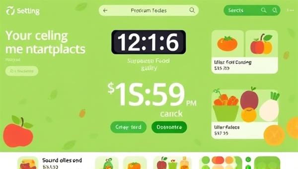 An eco-friendly marketplace interface showcasing surplus food items, discounted prices, and a digital clock ticking down to highlight the urgency of rescuing and repurposing food before it goes to waste, emphasizing the platform