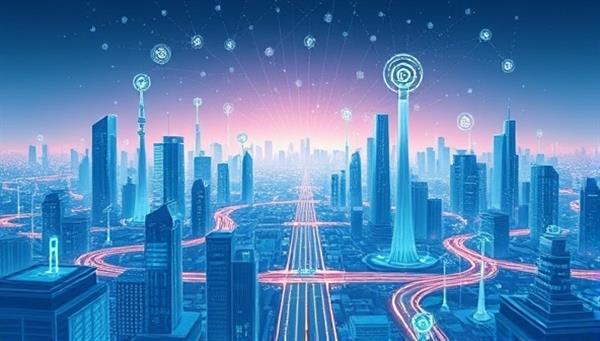A futuristic cityscape illustration featuring interconnected devices and infrastructure powered by 5G technology, showcasing the potential of high-speed connectivity, IoT applications, and digital transformation enabled by 5G Connect Solutions