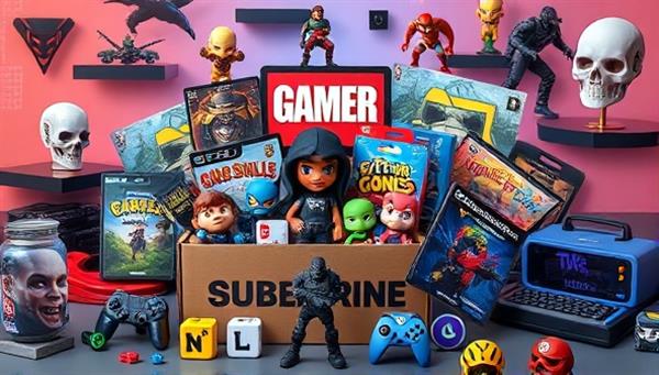 An enticing subscription box overflowing with gaming goodies like figurines, game codes, merchandise, and accessories, surrounded by vibrant graphics and gaming elements, evoking a sense of excitement and anticipation for subscribers.
