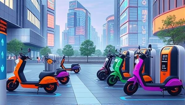 An artistic rendering of a futuristic urban landscape with colorful electric scooters parked neatly in designated docking stations, showcasing a vibrant and eco-friendly transportation ecosystem.