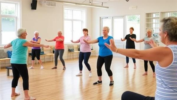 An inclusive fitness class setting with seniors participating in gentle exercises, stretching routines, and meditation sessions led by experienced instructors in a welcoming and supportive environment, promoting health and active aging.