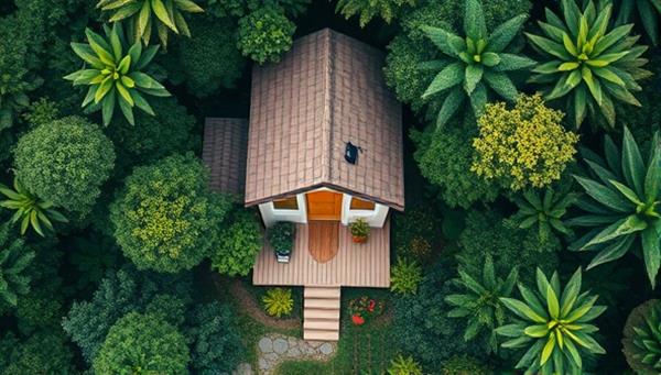 A stunning aerial shot of a tiny home surrounded by lush greenery, emphasizing the harmony between nature and compact living, showcasing the beauty and charm of small-scale architecture.