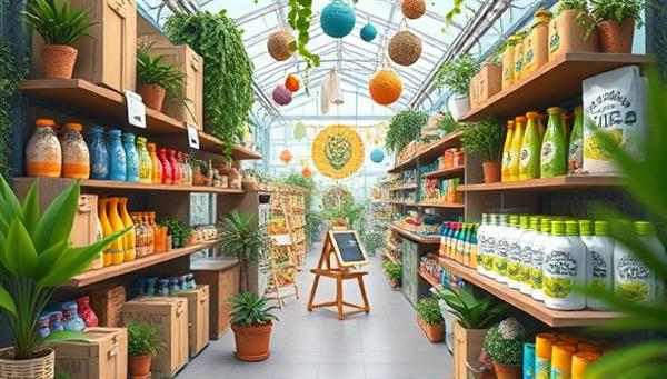 An artistic representation of a digital marketplace filled with vibrant and eco-friendly products, including reusable items, biodegradable packaging, and solar-powered gadgets, surrounded by lush greenery and nature motifs, capturing the essence of EcoHarbor Hub