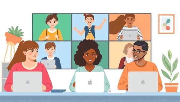 An illustration of a diverse group of students and tutors engaging in online tutoring sessions through a virtual platform, showcasing collaboration and learning in a digital environment.
