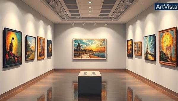 An elegant digital representation of a virtual art gallery filled with vibrant artworks displayed on virtual walls, with interactive elements like clickable information tags, artist bios, and a virtual art purchase option, creating an engaging and immersive art-viewing experience on ArtVista.