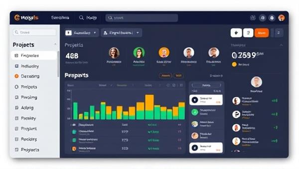 An online construction project collaboration platform interface featuring a project dashboard with progress trackers, team member profiles, and document sharing capabilities, showcasing the platform