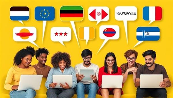A vibrant visual of a diverse group of individuals engaging in virtual language exchange sessions on laptops and tablets, with speech bubbles displaying different languages being spoken, symbolizing cultural exchange and learning diversity.