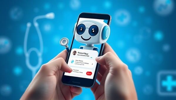 An imaginative illustration of a friendly AI health chatbot on a smartphone screen interacting with a user, displaying medical information and symptom analysis, with a virtual stethoscope and medical icons in the background, symbolizing AI healthcare assistance and guidance.