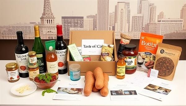 A beautifully arranged table showcasing a variety of local food products, artisanal ingredients, and recipe cards from the Taste of [City Name] subscription box, set against the backdrop of iconic landmarks or cityscapes that represent the culinary diversity of the city.