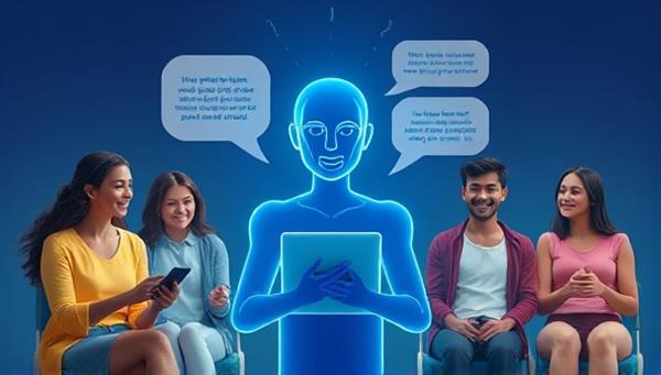 An artistic representation of a digital wellness assistant avatar providing tailored advice to a diverse group of users engaged in various wellness activities, illustrating the personalized and supportive nature of the WellnessWise AI platform.