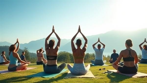 A serene outdoor setting with individuals practicing yoga and meditation, surrounded by nature and disconnected from technology, portraying the essence of tech wellness and digital detox retreat.