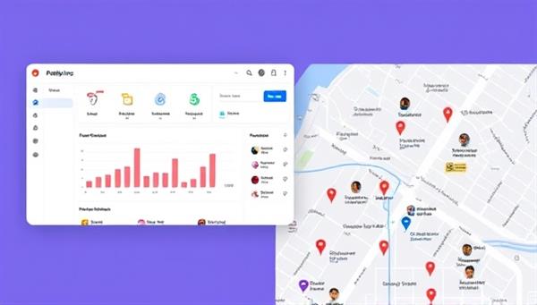 An engaging platform interface showing a dashboard with analytics, collaboration opportunities, and a map highlighting local influencers and businesses, conveying a sense of community and connection.