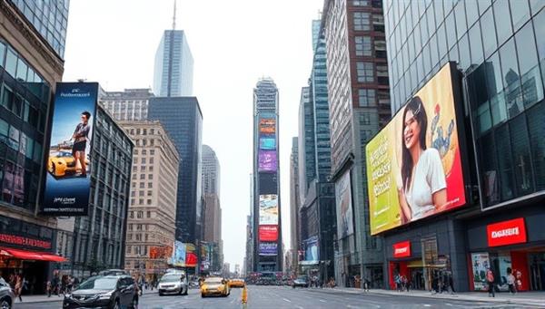 An urban cityscape scene with strategically placed digital billboards displaying dynamic and personalized ads based on real-time data, illustrating the innovative and data-driven approach of UrbanPulse Ads