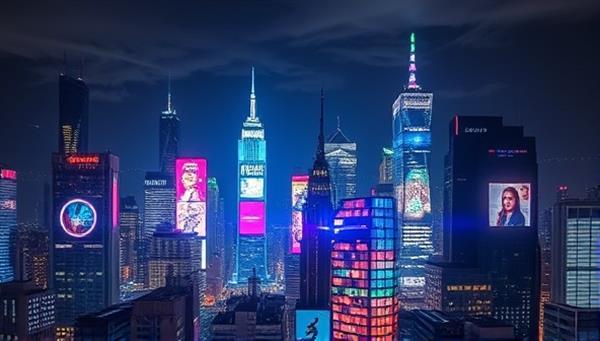 An urban nighttime skyline transformed by holographic projections of vibrant ads and interactive visuals that illuminate the cityscape, creating a futuristic and captivating advertising environment that merges technology with artistry.