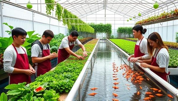 An interactive aquaponic farm setting with visitors wearing aprons and engaged in feeding colorful fish in a serene, greenhouse environment, surrounded by lush greenery and cascading water features, evoking a sense of harmony between nature and agriculture.