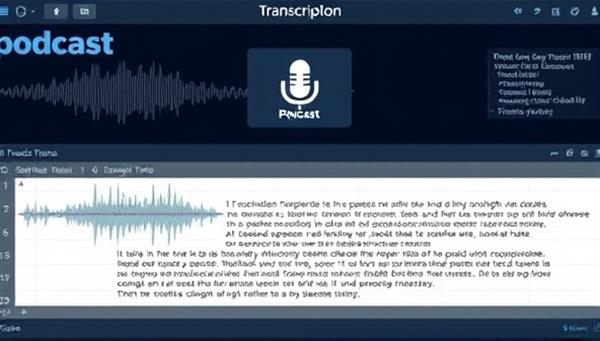 An AI-powered transcription software interface displaying a podcast waveform and transcription text, with AI algorithms processing speech patterns in the background, suggesting advanced technology and efficiency in transcription services.