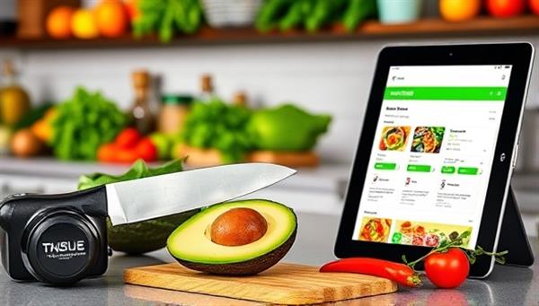 A vibrant kitchen scene with colorful fresh ingredients neatly organized on a counter, a chef