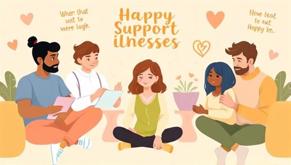 A heartwarming digital illustration of diverse individuals with chronic illnesses engaging in virtual support group sessions, sharing stories and offering comfort to one another, surrounded by uplifting messages and symbols of strength and unity, portraying a sense of solidarity and empowerment.