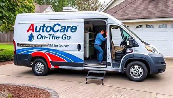A mobile service van equipped with tools and diagnostic equipment, parked in a residential driveway with a mechanic performing an oil change on a customer