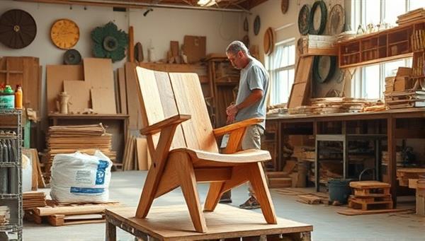 An artisan crafting a stylish chair from reclaimed wood in a bright and airy workshop filled with recycled materials.