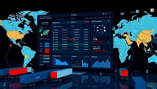 An engaging visual of a digital dashboard displaying various freight shipment orders with real-time tracking information, surrounded by logistics maps and carrier icons, symbolizing the efficiency and connectivity of FreightLink Connect in freight management.