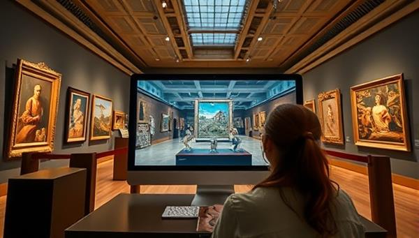An immersive visual of a user exploring the virtual art gallery on a computer screen, surrounded by digital representations of famous artworks, interactive exhibition spaces, and a virtual chat feature to engage with fellow art enthusiasts, capturing the essence of an art-filled experience from anywhere.